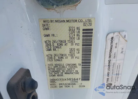 2020 Nissan Titan King Cab Sv 4X2 z USA, uszkodzony, nr VIN 1N6AA1CE5LN505647